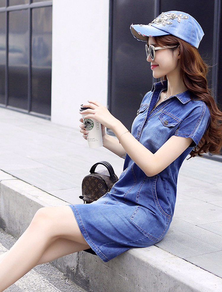 Đầm Jean Suông Cổ Sơ Mi Túi Xéo